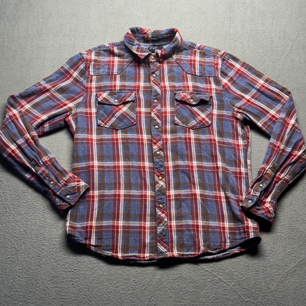 21 Men Western Plaid Pearl Snap Shirt Mens XL Red Blue Fitted Cotton Flannel